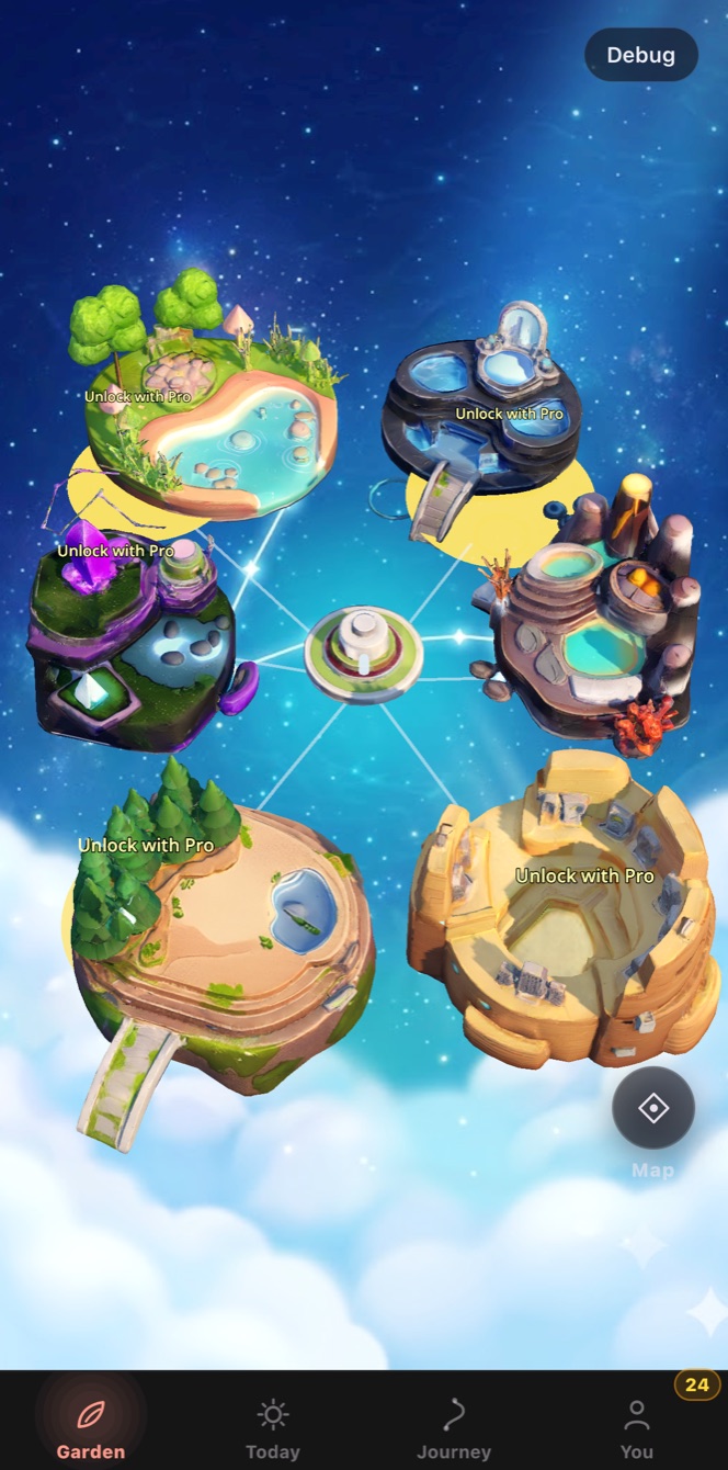 The Garden home screen: six floating island habitats in a starry sky
