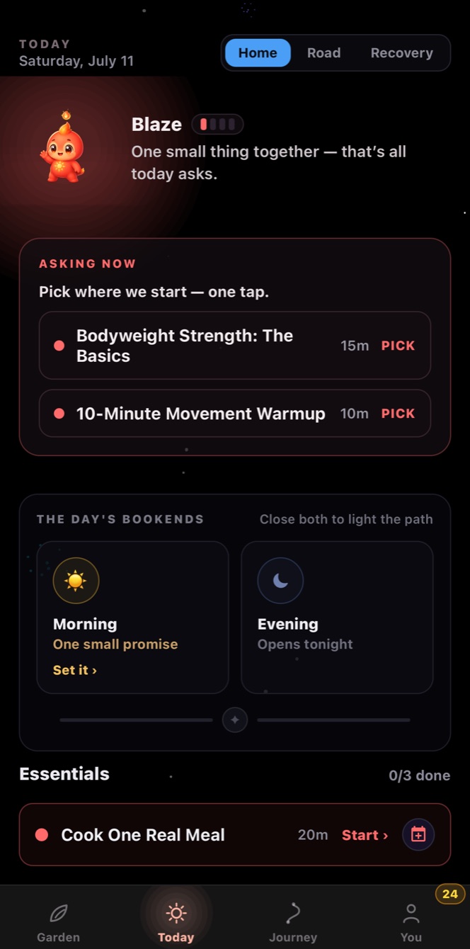 The Today screen: Blaze asking for one small care request, with morning and evening bookends