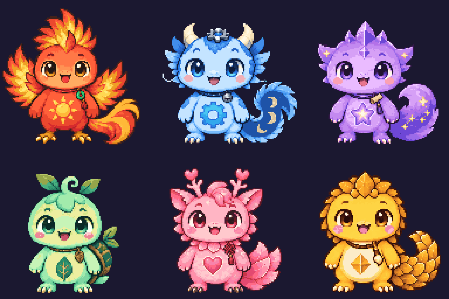 The six creatures in pixel art: Blaze, Chrono and Sage on top; Terra, Amore and Midas below